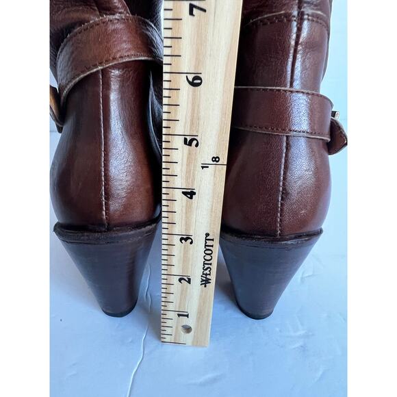 Frye Brown Leather Harness Strap Pointed Toe Knee High Pull On Heeled Boots 7.5 - Picture 9 of 14